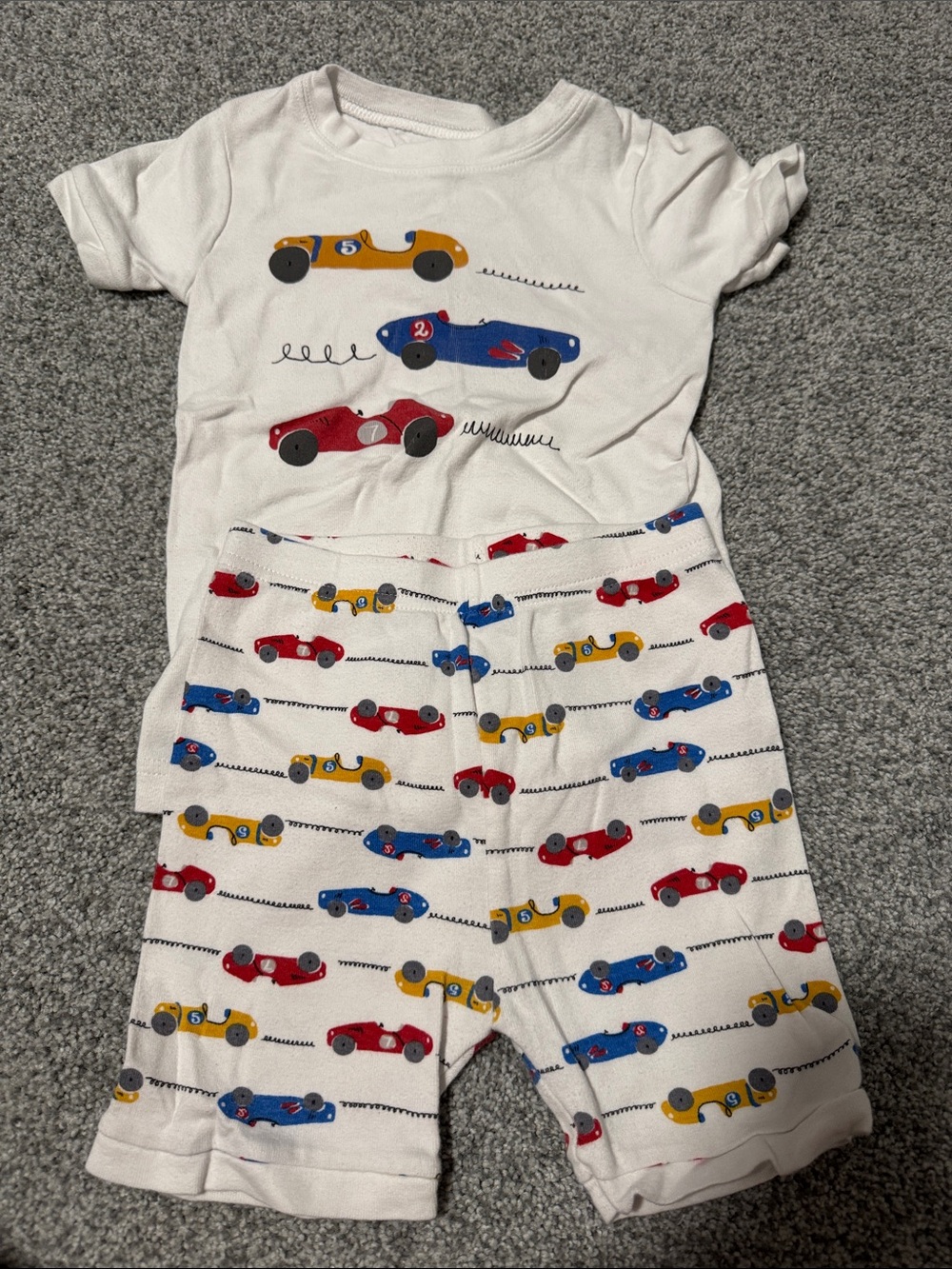 Old Navy White Pajama Set with Red, Blue & Yellow Cars